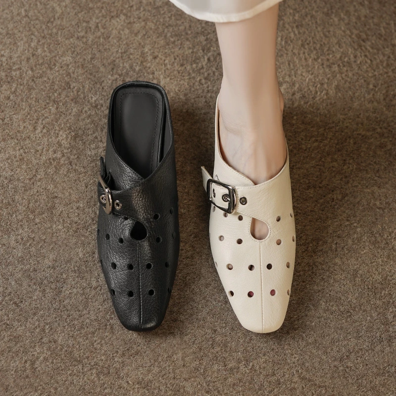 3cm/羊皮/真皮透气包头半拖鞋女时尚外穿方头优雅粗跟皮拖鞋女40