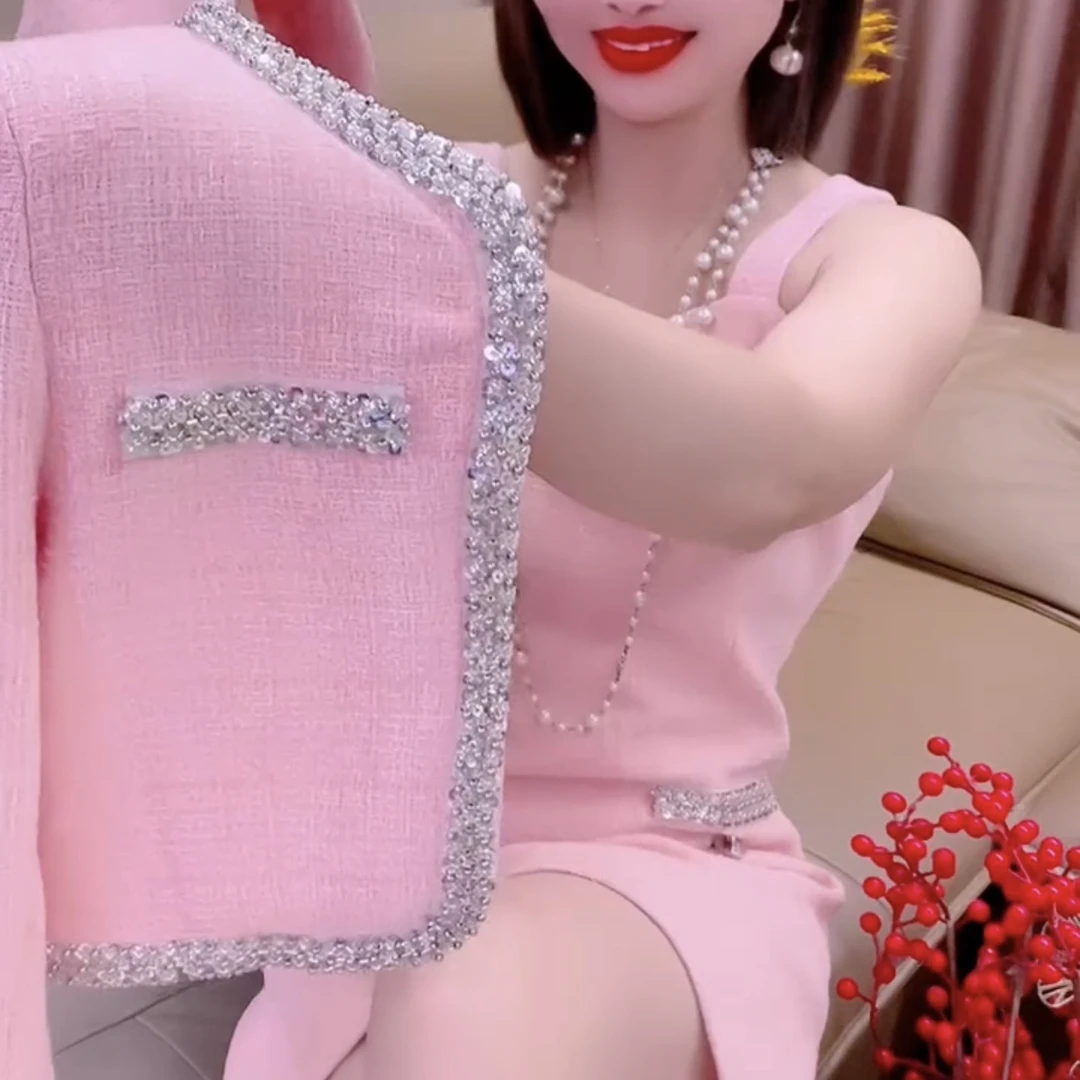 秋季时尚小香风外套搭配吊带连衣裙套装