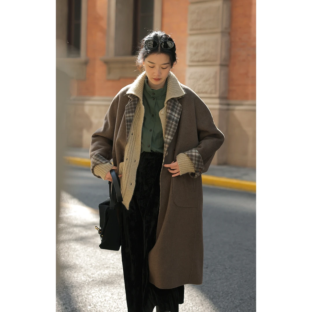 solighter 正反两穿羊毛双面呢大衣长款毛呢外套5G1212D08XD