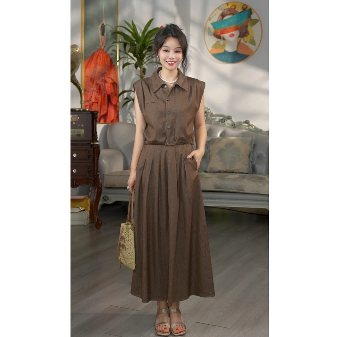 无印心匠D86707夏季新款高级感无袖牛仔上衣半身裙女套装K595