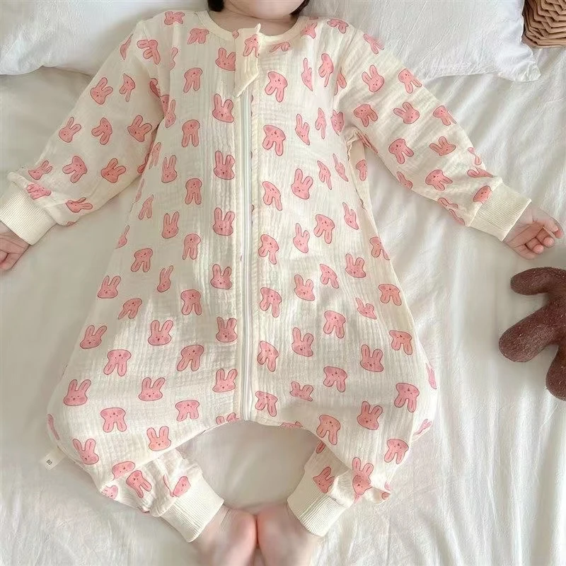 新款儿童连体睡衣韩版全棉纱布春秋薄款宝宝男女童家居服防着凉
