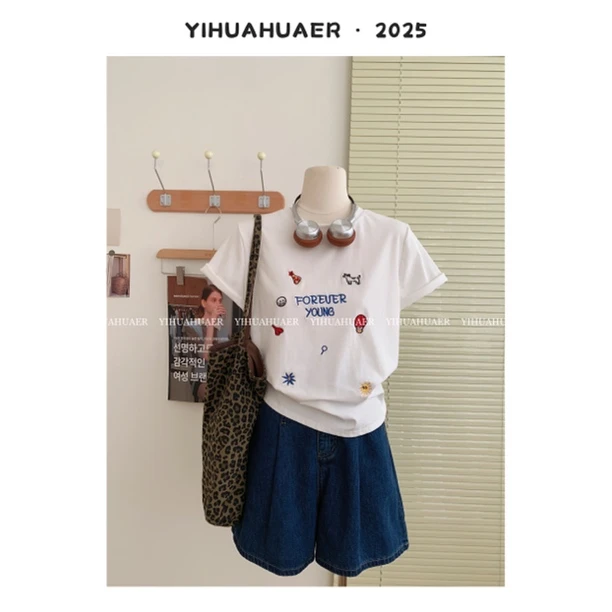 东大门韩国原单夏款简约减龄百搭字母刺绣休闲短袖T恤3209