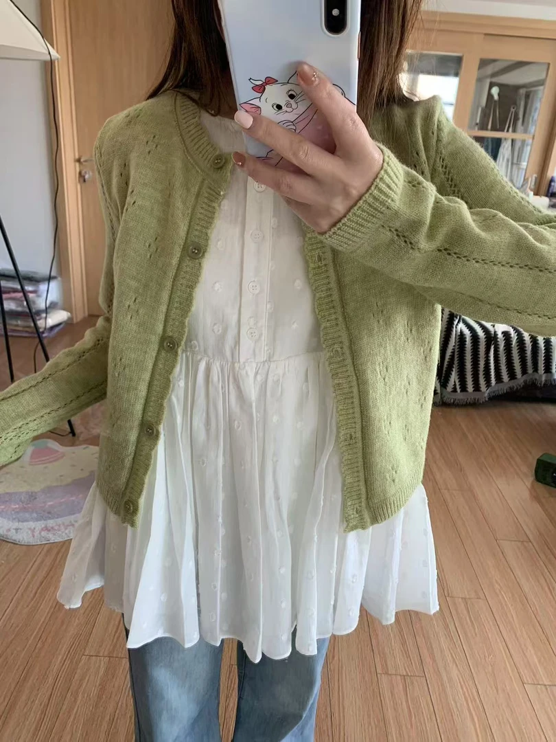 小香风镂空针织开衫外套女2025新款韩系设计感百搭宽松毛衣开衫