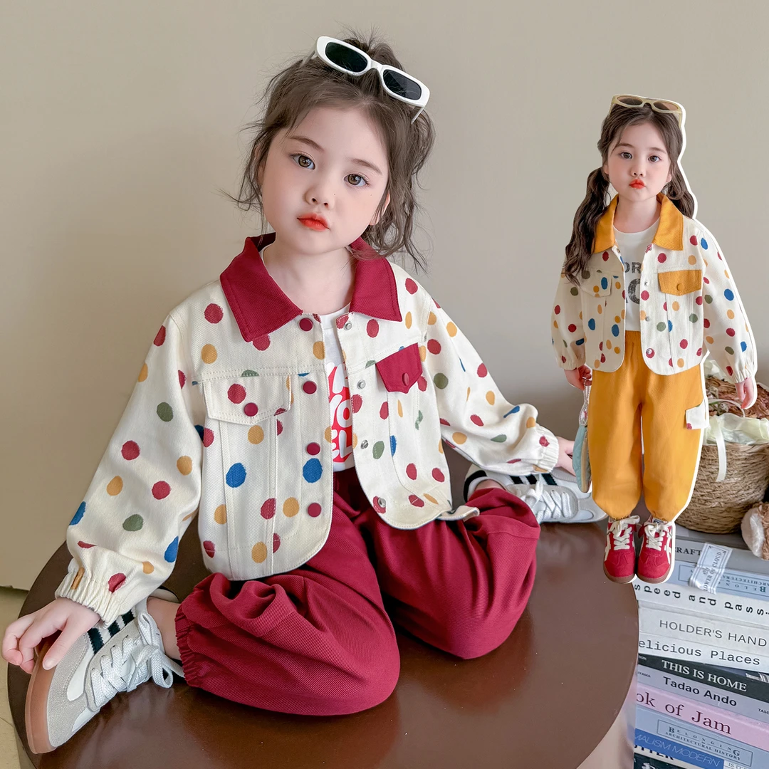 女童工装套装儿童洋气韩版圆点休闲了今天小女孩宝宝秋装2025新款