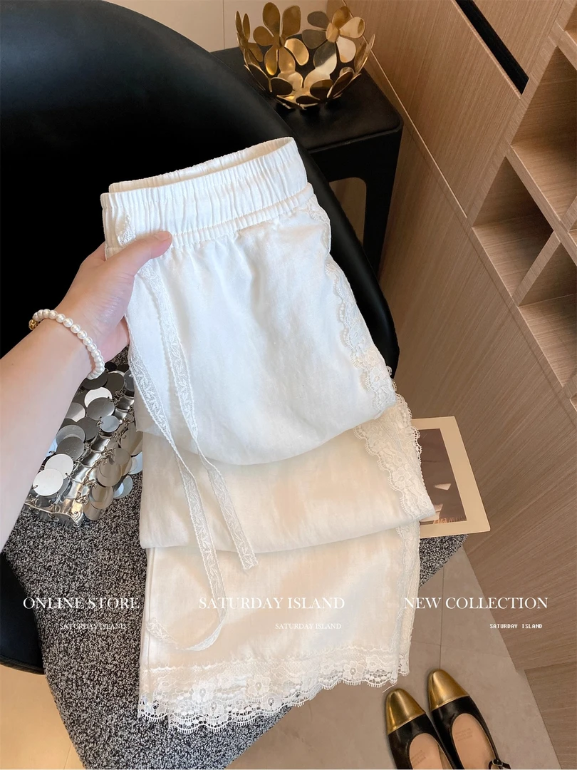 新中式蕾丝拼接松紧带抽绳宽松阔腿裤女2025秋季新款休闲百搭长裤