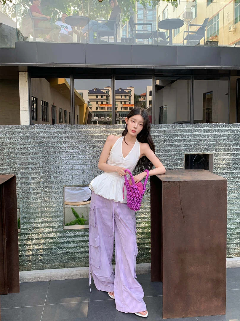 【YWYW25S/S】春夏设计感百搭通勤多飘带条纹工装休闲裤5058