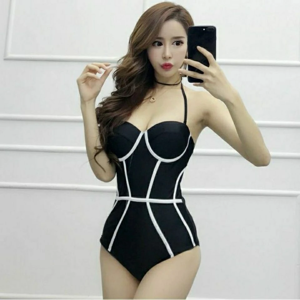 新款黑色性感连体泳衣女小胸聚拢遮肚显瘦温泉泳装