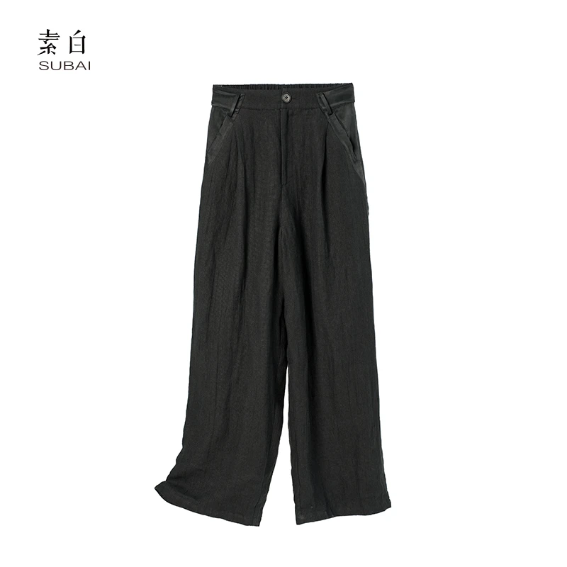 素白【麻隙】亚麻肌理特色款K01797黑色百搭直筒休闲裤