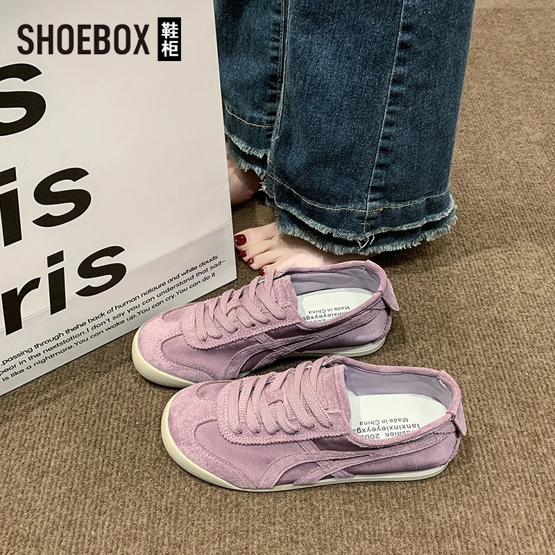 SHOEBOX鞋柜皮面透气复古德训鞋女2025款系带撞色休闲时髦板鞋