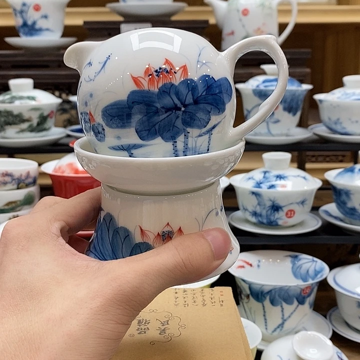 手绘荷花公道杯160c➕茶漏釉下彩微瑕福利款