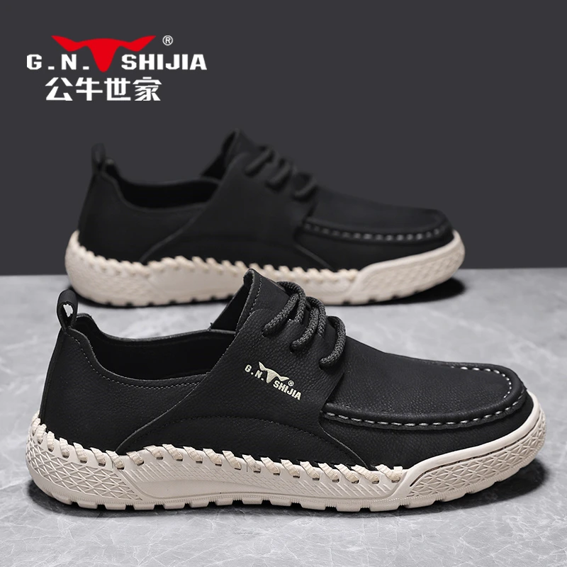 公牛世家男鞋春季新款手工编织时尚休闲鞋男士正装商务工作小皮鞋