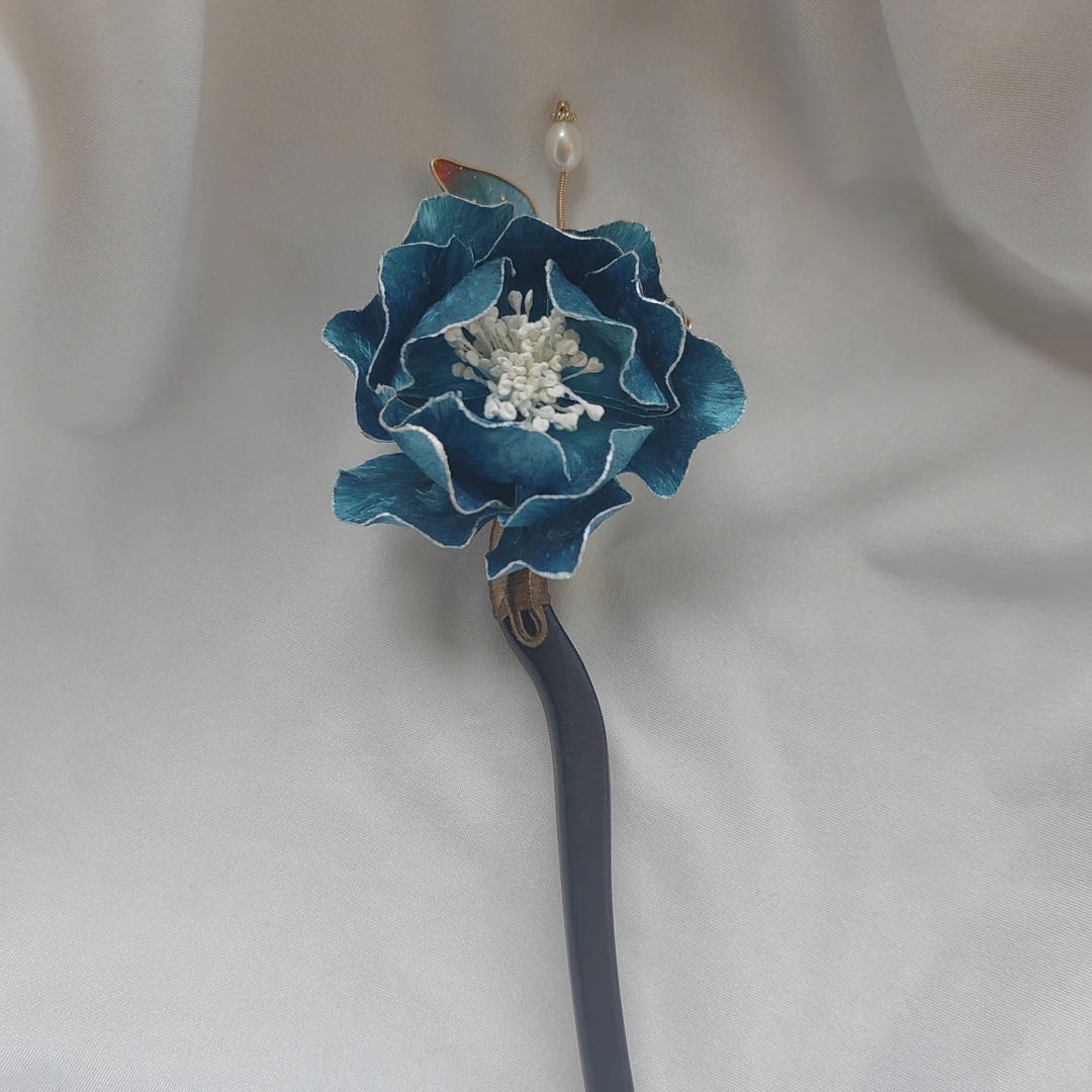 【山茶花】南京非遗绒花纯手工制作蓝色发簪日常款