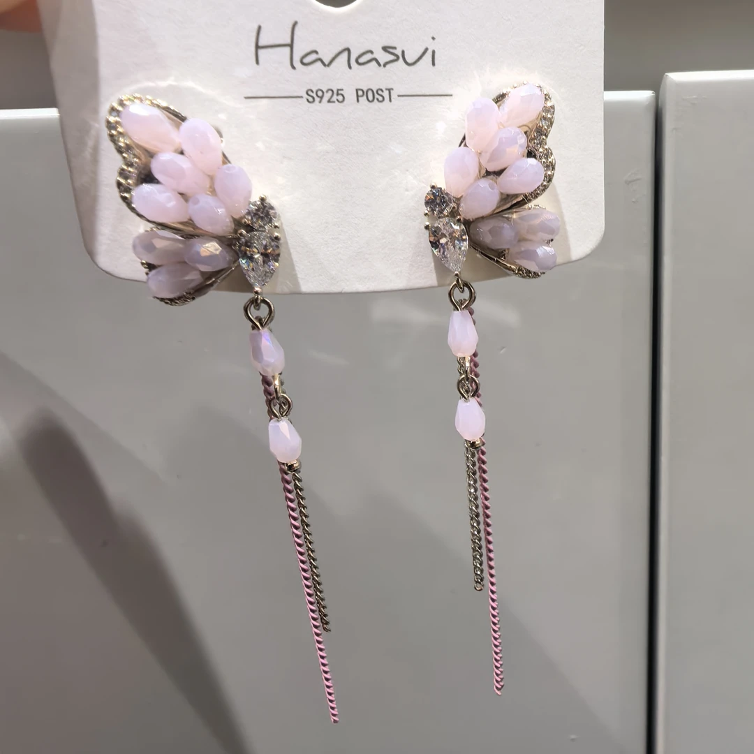 C412粉色蝴蝶流苏闪闪耳钉耳饰