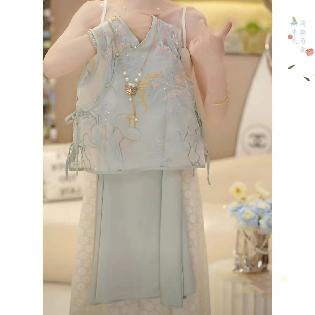 女童新中式吊带连衣裙夏季2025新款国风马甲背心裙两件套清凉洋气