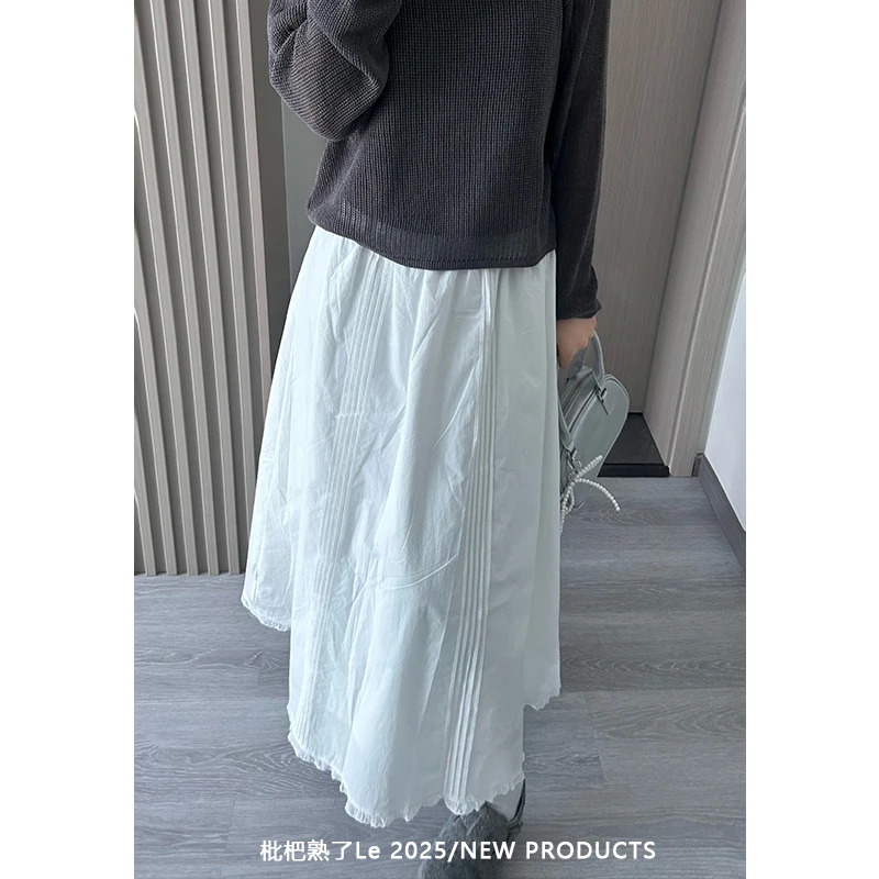 枇杷熟了 简约木耳边松紧腰白裙女2025新款宽松显瘦半身裙