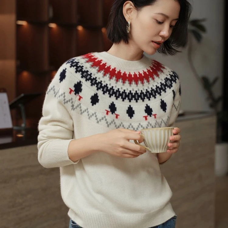 冬季新款羊绒衫备费尔岛氛围感提花宽松慵懒圆领100%山羊绒毛衣