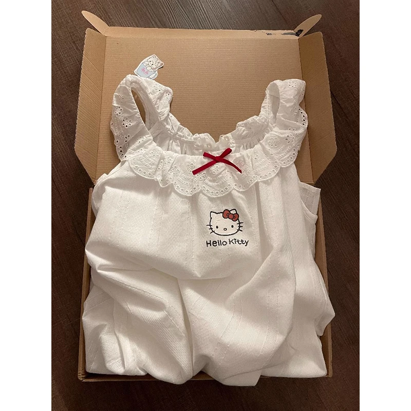 带胸垫棉纱睡裙甜美公主风HelloKitty吊带连衣裙百搭少女白色睡衣