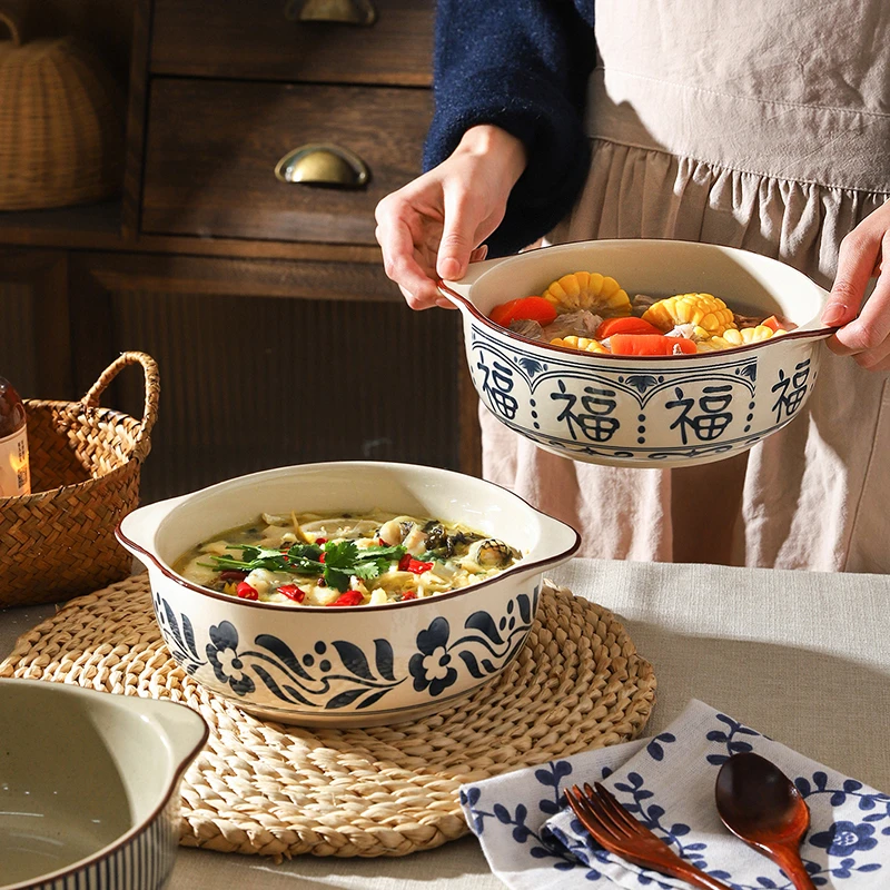 舍里中式复古双耳汤碗家用大碗釉下彩加厚陶瓷水煮鱼酸菜鱼大盆碗