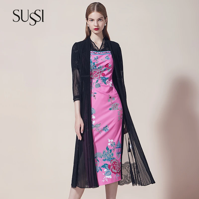 SUSSI/古色24夏季黑色前开襟前腰系带中袖气质温柔长外套