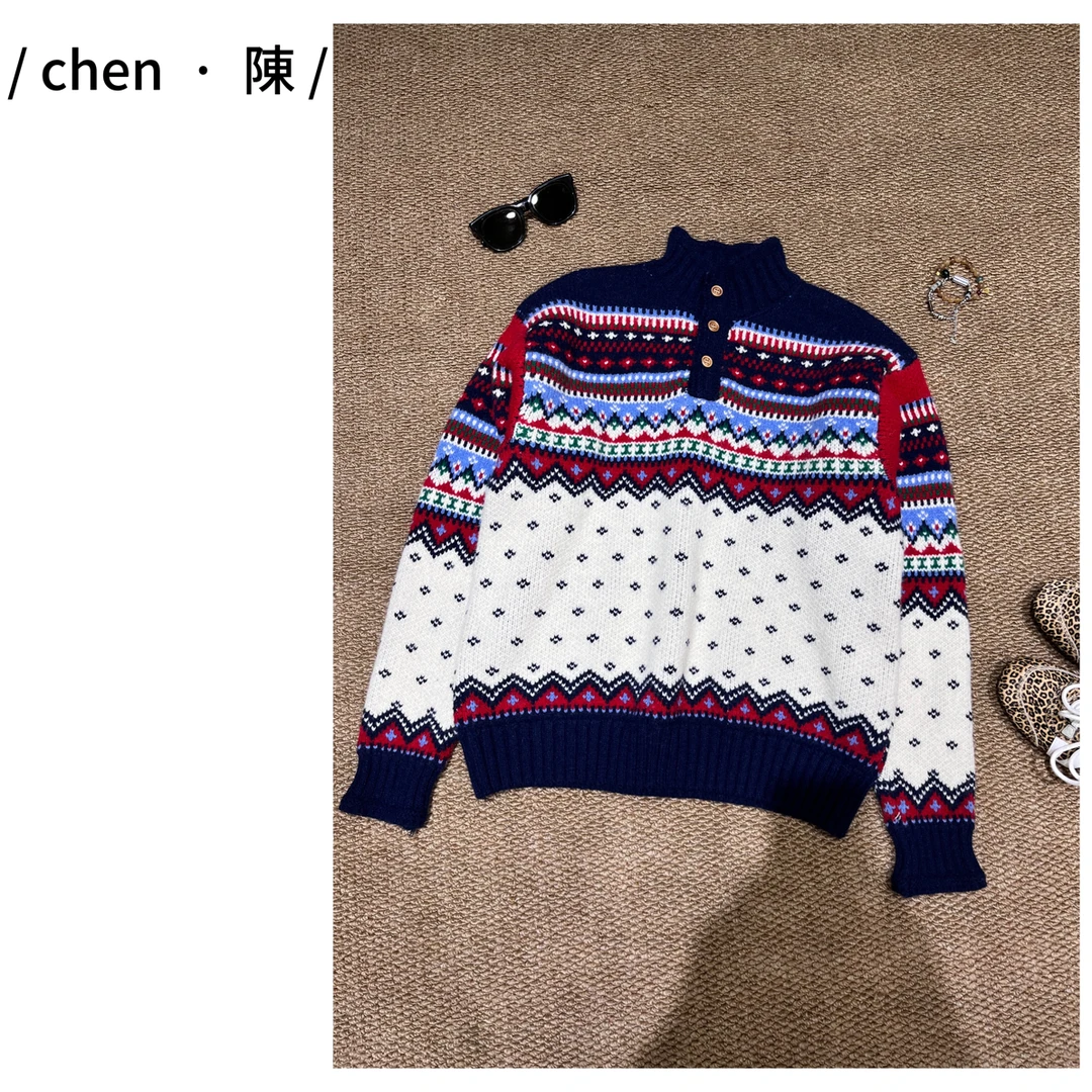 chen·陳【复古半高领】北欧风撞色提花毛衣