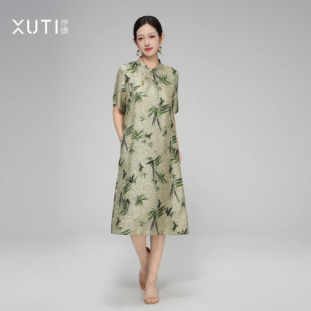 序缇『竹叶青』新款夏季新中式女装三经绞罗桑蚕丝连衣裙H127-17767