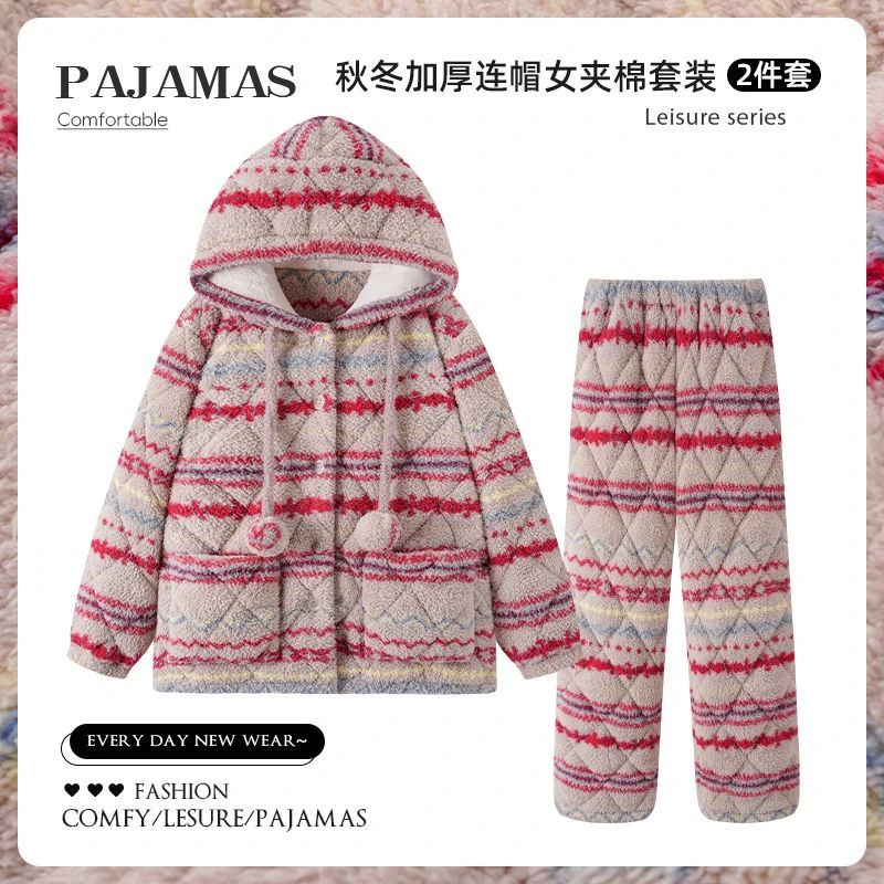长毛绒睡衣女2025冬季条纹三层夹棉珊瑚绒加绒加厚保暖连帽家居服