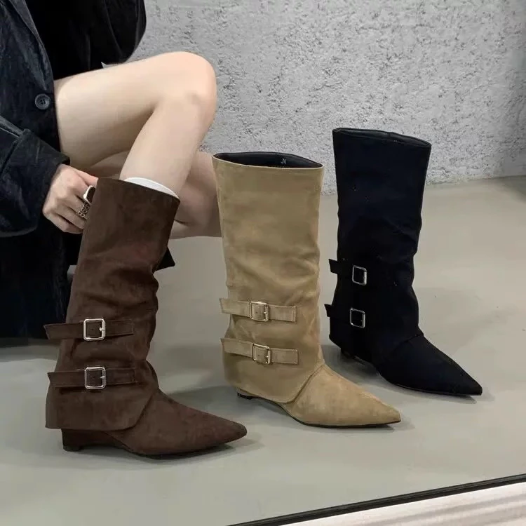 高跟尖头棕色靴子中筒骑士靴女鞋2025秋冬裤管靴长筒复古长靴子