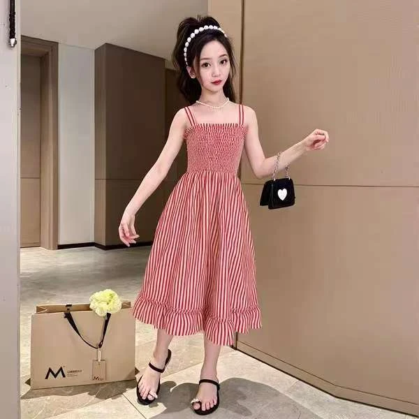 女童吊带裙无袖娃娃领吊带连衣裙背带裙公主格子夏季小女孩连衣裙