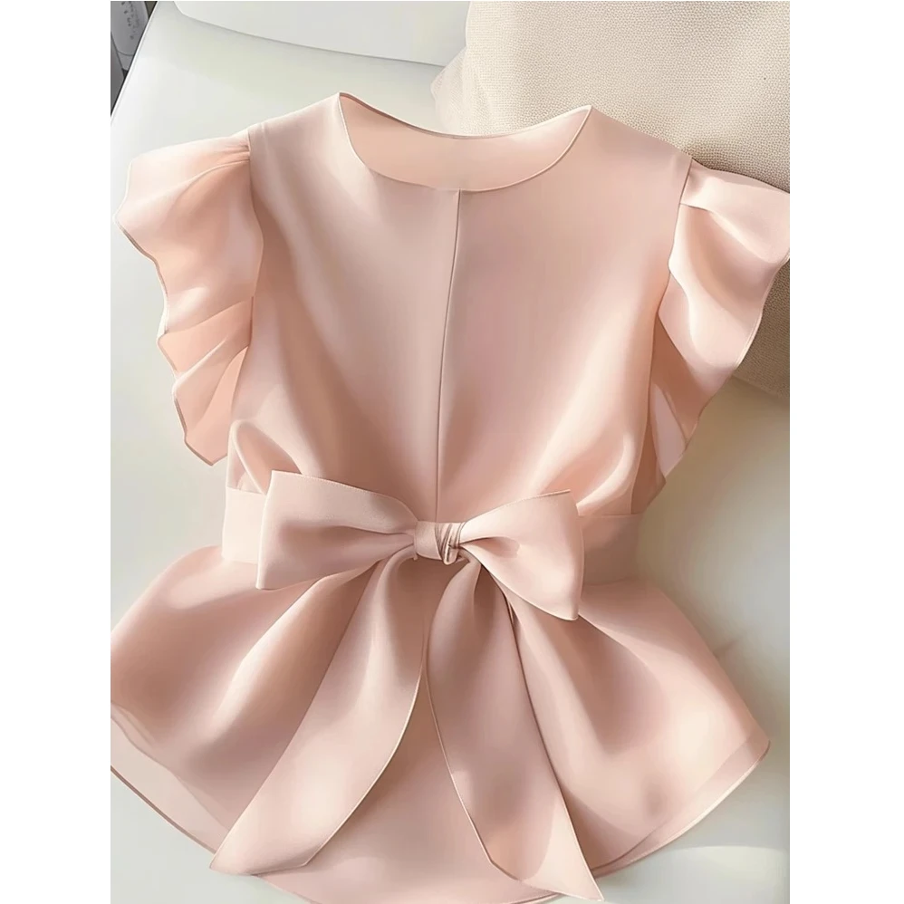 法式小众独特设计感短款粉色上衣2025年夏季别致蝴蝶绝美衬衫女款