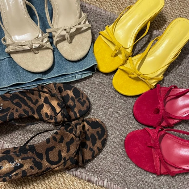 方头法式复古胶粘极简风纯色韩版胶粘鞋高跟人字拖