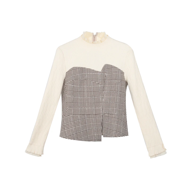 【她翼】春季衬衫长袖针织时尚打底女士高领拼接格纹CJ6341334283