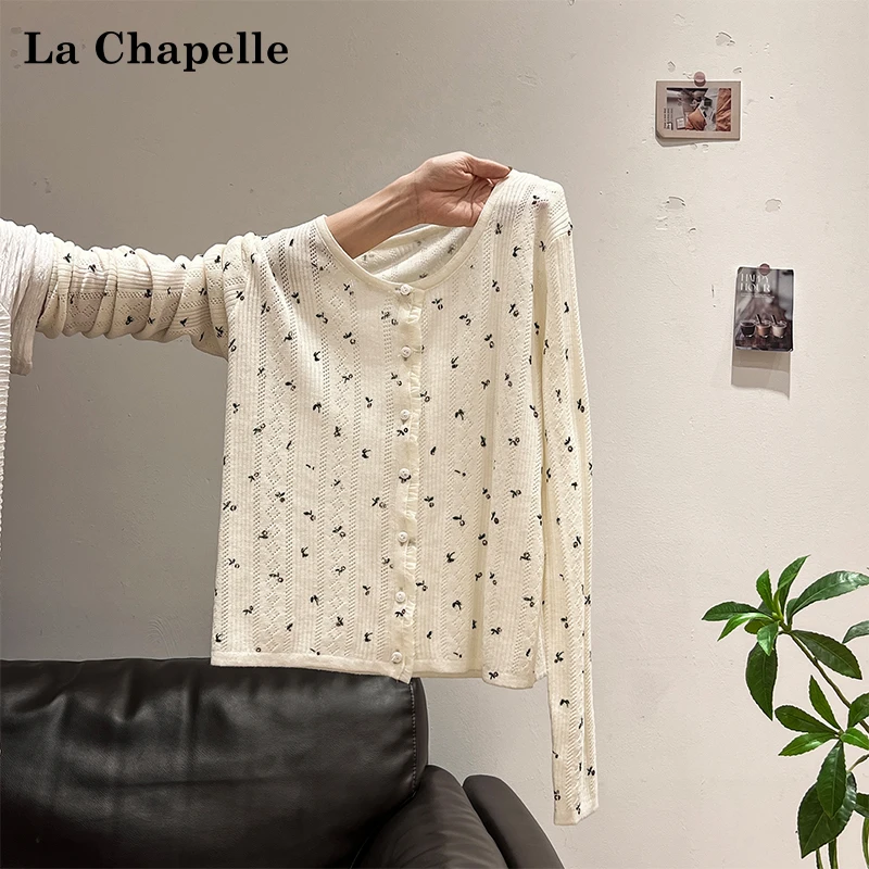 拉夏贝尔肌理感蝴蝶结碎花设计针织开衫长袖女秋新款微透修身上衣