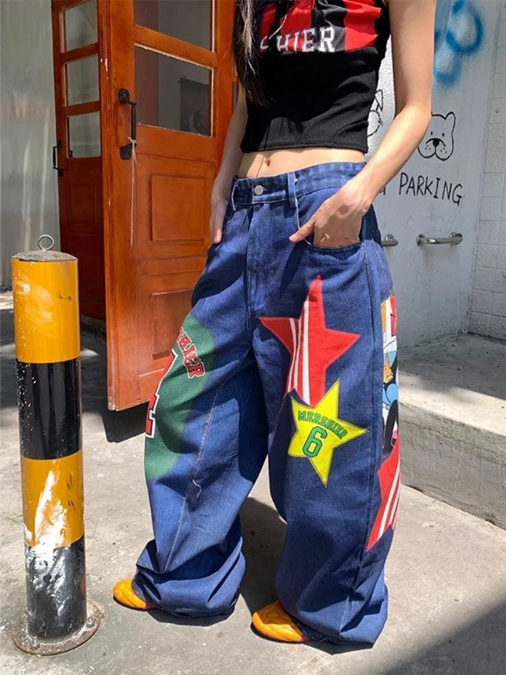 美式高街设计感复古星星贴布数字印花牛仔裤子女辣妹宽松拖地长裤