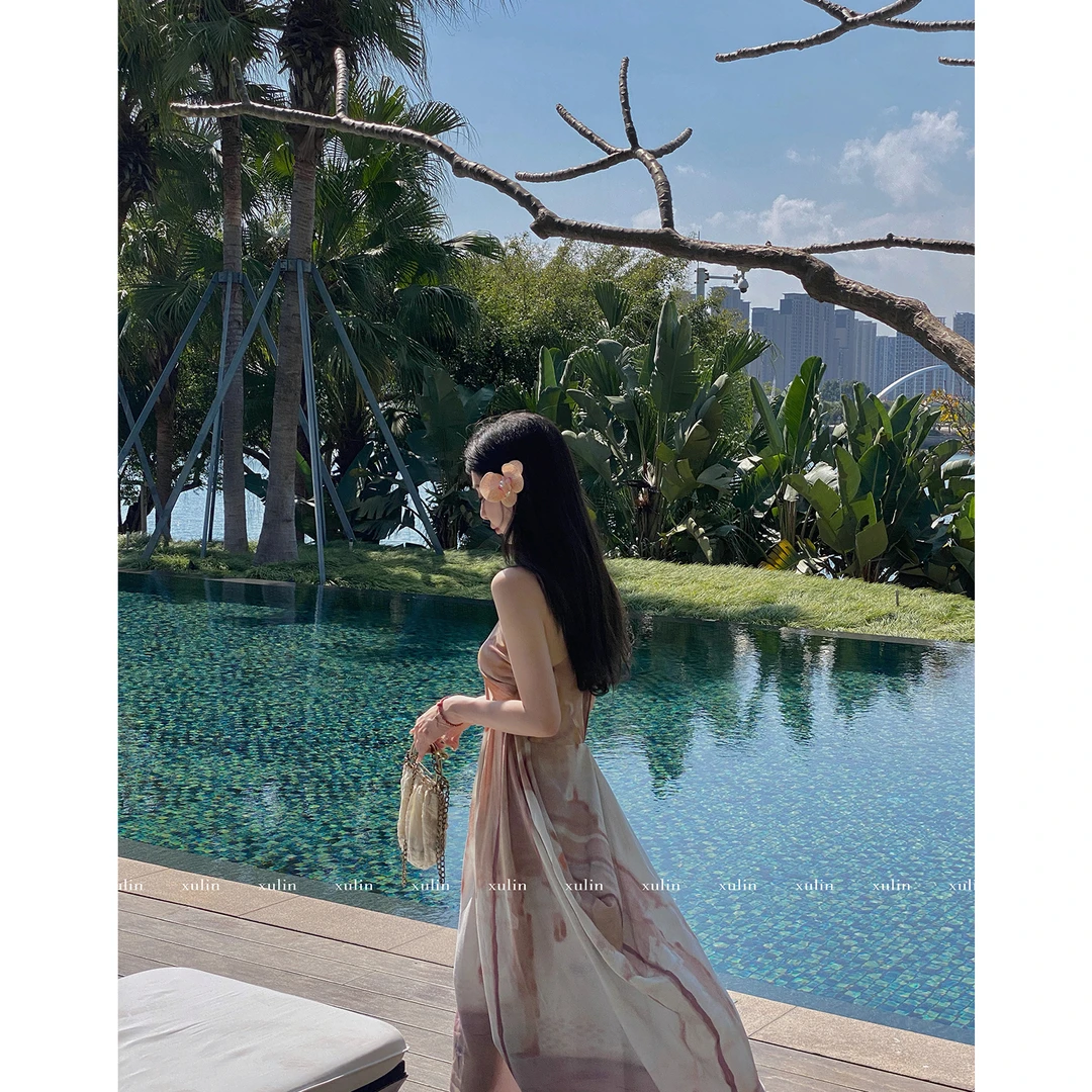 MINISTUDIO徐琳「莱蒙庄园」水墨喷绘大裙摆度假吊带裙x240056