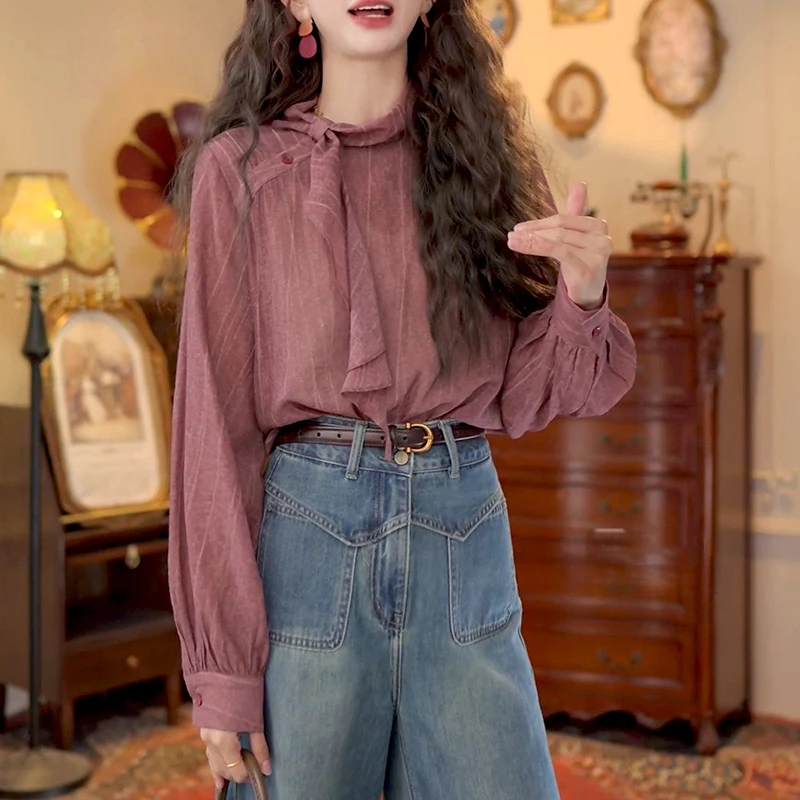 复古条纹绑带长袖宽松衬衫女装2025早秋穿搭时髦上衣服洋气小衫