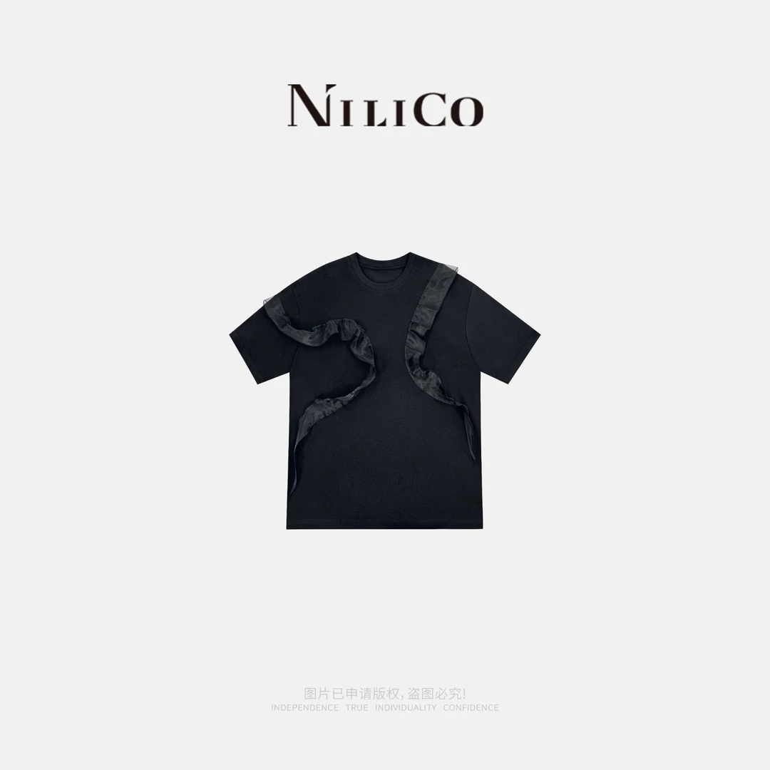 NILICO【少女心事】法式气质高级拼接网纱夏季宽松百搭圆领纯色T恤