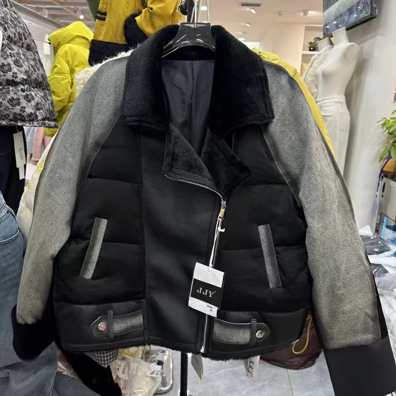 【代莹优选】81372 牛仔拼接皮毛一体女宽松保暖机车款羽绒派克服