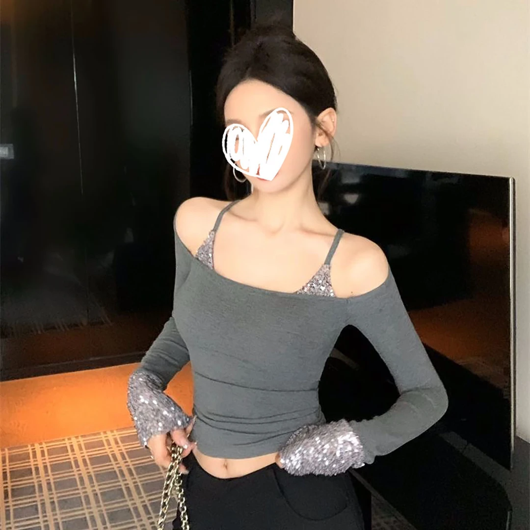 【星河凝落】秋冬新款高级感修身纯欲闪耀辣妹长袖T恤上衣女