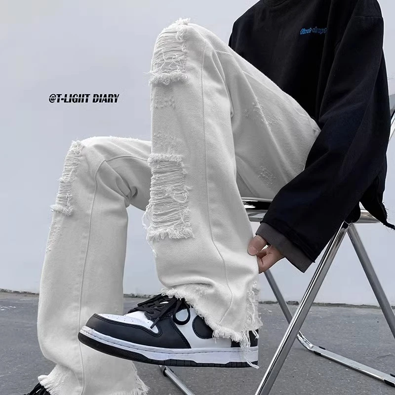 毛边假破洞牛仔裤男款夏季美式cleanfit裤子直筒提档设计感微喇裤