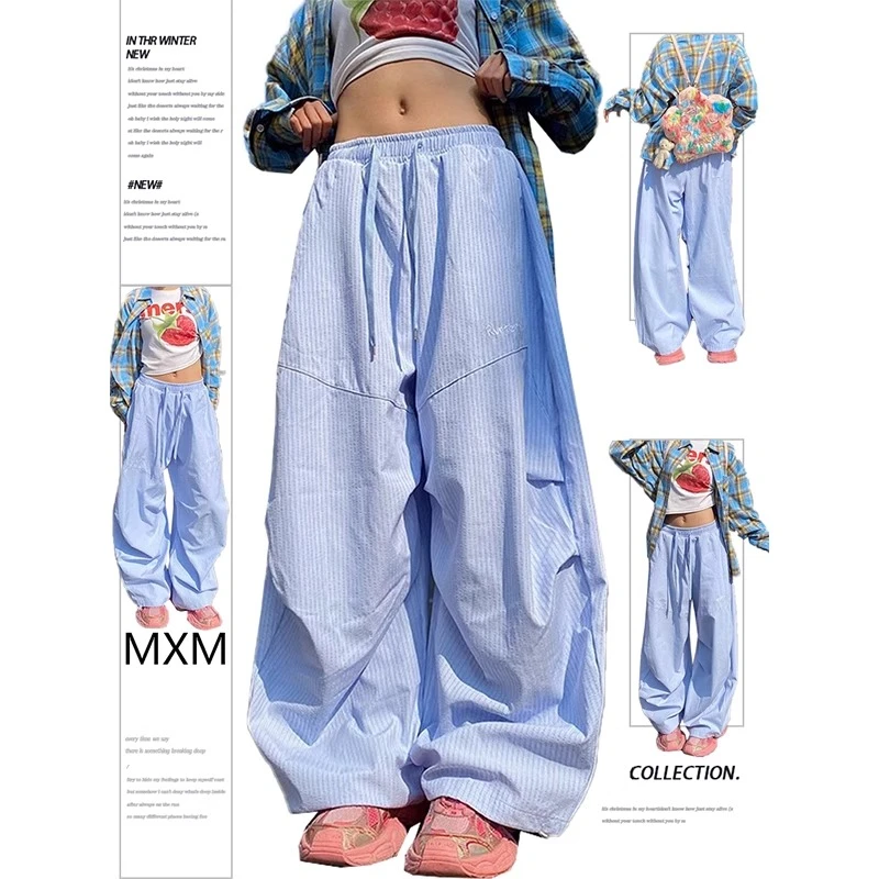 美式复古爵士舞条纹裤子女夏季新款垂感宽松弯刀裤直筒休闲阔腿裤