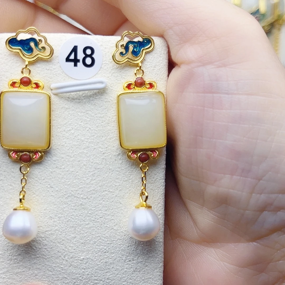 和田玉银S925镀金镶嵌耳饰