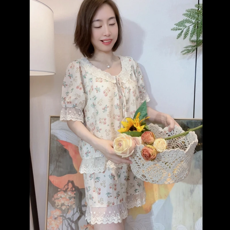 『胸垫款清货』纯棉纱布短袖短裤睡衣带胸垫LZ2707/LZ2735