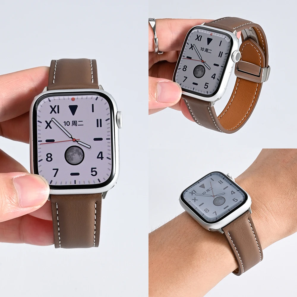 适用苹果手表iwatchS11新款10磁吸扣applewatch头层牛皮ultra表带