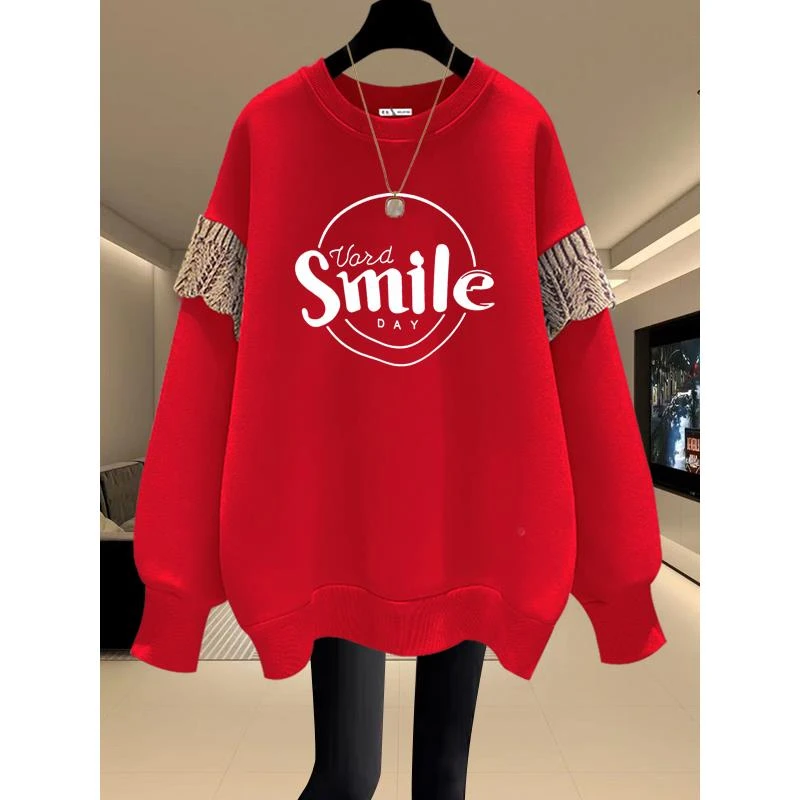 圆领卫衣女2025秋冬新款宽松韩版套头加绒加厚拼接中长款遮屁股潮