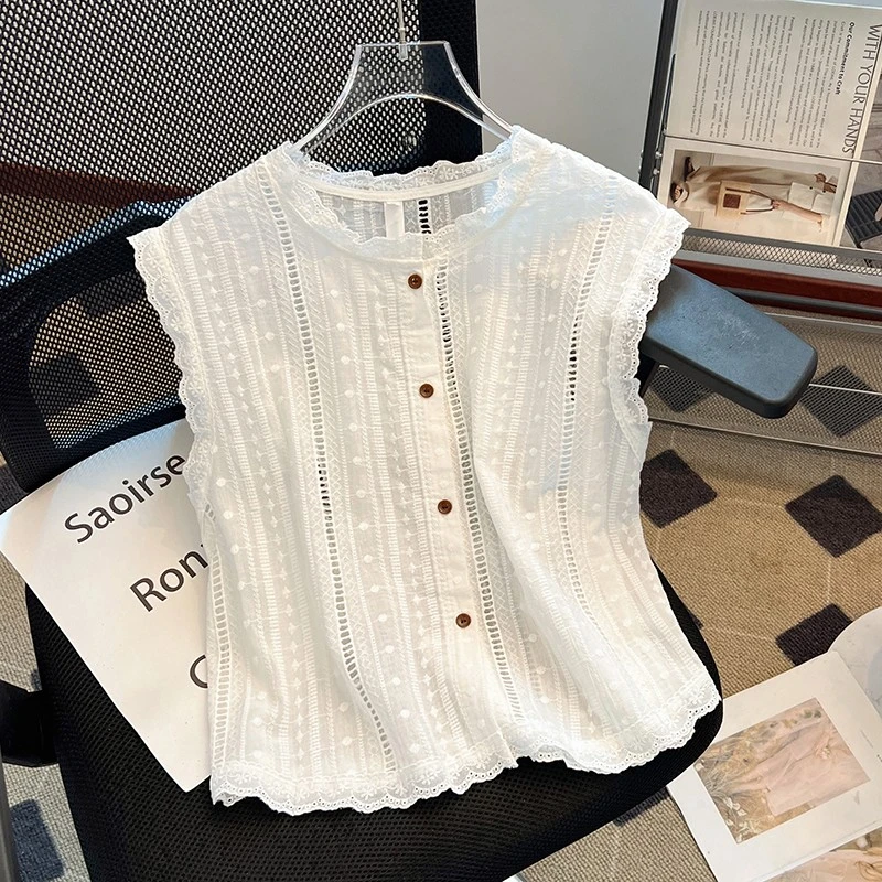 【前幅加里布】高级感镂空100%棉衬衫夏季新款洋气小衫无袖上衣