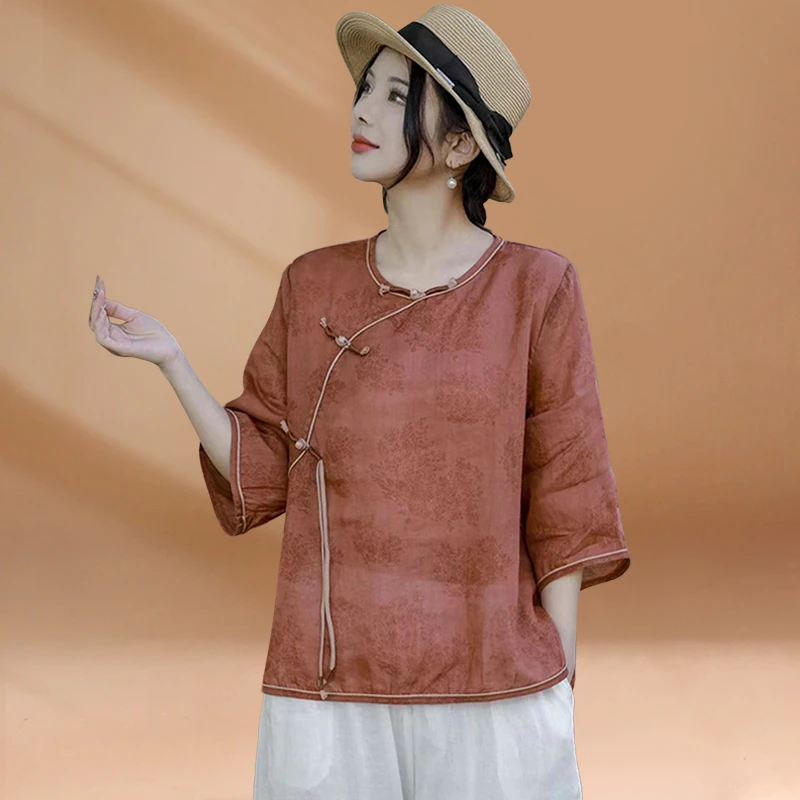 新中式斜襟盘扣衬衫女2025夏季新款七分袖大码衬衣宽松薄款上衣