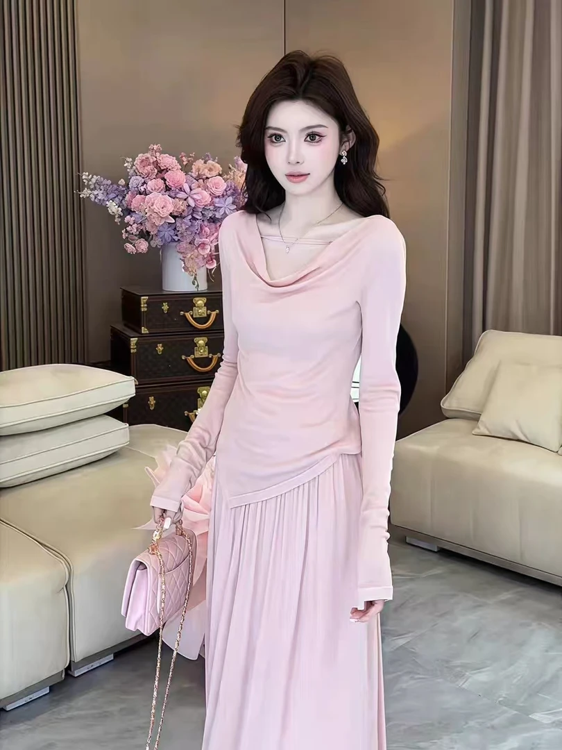 法式气质温柔风荡领长袖上衣女夏修身显瘦褶皱垂感半身裙套装6516