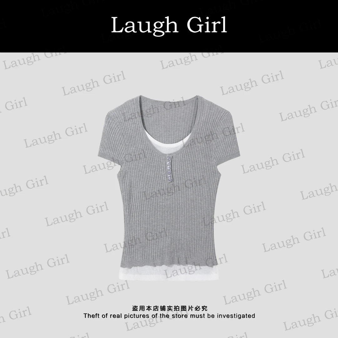 楚楚君 Laugh girl【知性优雅】灰色假两件冰丝短袖针织衫XL53069J