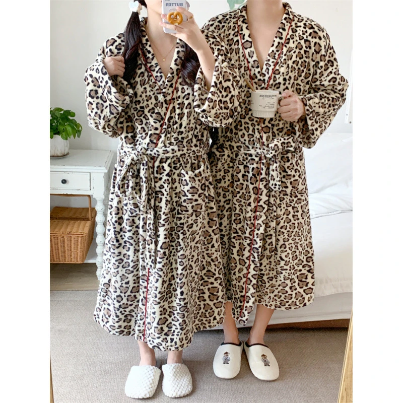2025冬季新款情侣睡衣韩版豹纹宽松长袖休闲家居服睡袍印花长款