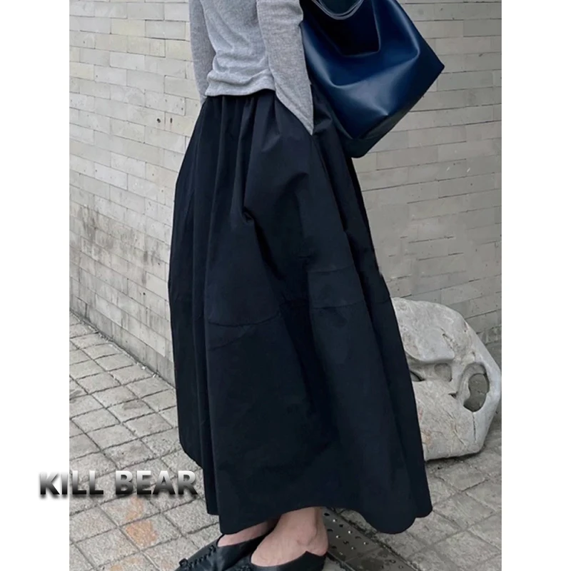 KILL BEAR 黑色花苞半身裙夏季2025新款松紧腰高腰中长大摆长裙子